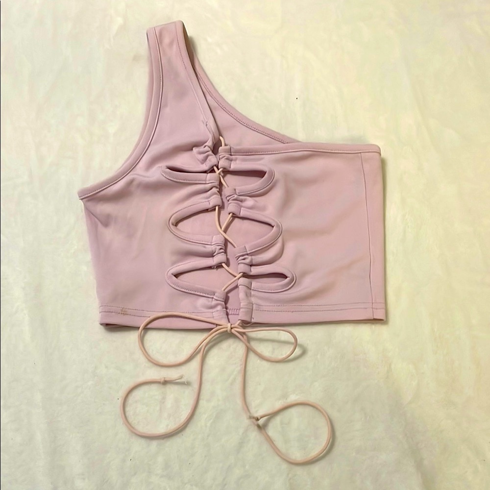 One-Shoulder Pink Lace-Up Top